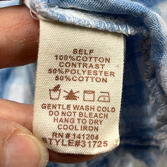 HEM & THREAD Boho Cottage Gauze 2 Pocket Buffalo/Plaid Blue/WHT Fringe Top S/M - Picture 14 of 16